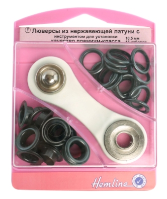 Фото набор люверсов 10.5 мм с инструментом для установки цвет черный hemline 438p.10.b на сайте ArtPins.ru