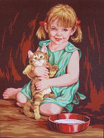 Канва жесткая с рисунком Девочка с котенком