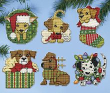 Набор для вышивания елочных украшений Рождественские собачки  DESIGN WORKS 5920