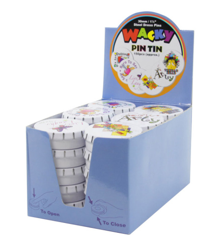Фото булавки - гвоздики wacky pin tin в жестяных круглых коробочках (30 шт)   картонный дисплей на сайте ArtPins.ru