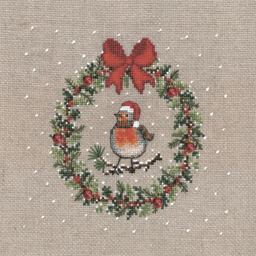 Набор для вышивания December Wreath Robin Bird  Декабрьский Венок Малиновка 14.5 х 14.5 см le boheur des dames 2699 смотреть фото