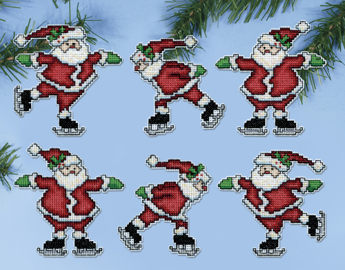 Набор для вышивания елочных украшений Дед Морозы на коньках  DESIGN WORKS 6877 смотреть фото