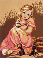 Канва жесткая с рисунком Малышка в розовом и котята