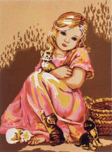 Канва жесткая с рисунком Малышка в розовом и котята смотреть фото