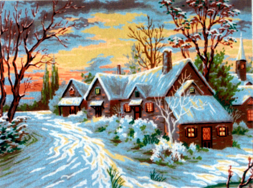 Канва жесткая с рисунком Зимняя деревенька смотреть фото