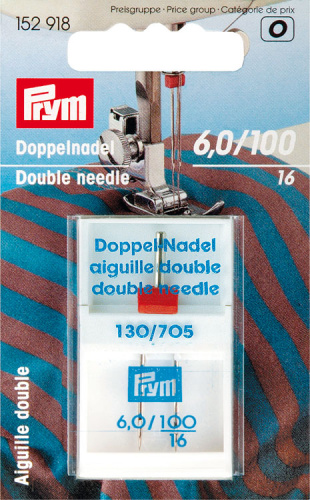 Иглы для швейных машин Twin с плоской колбой для двойных строчек 6 мм №100 для трикотажных полоте 152918 Prym