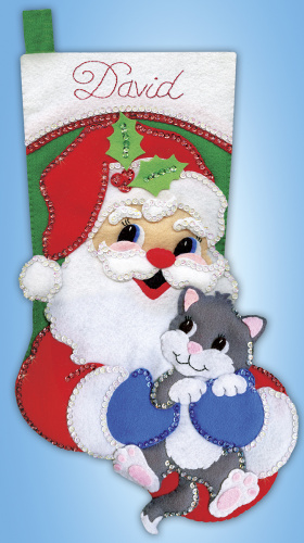 Набор для вышивания сапожка для подарков Санта с котенком  DESIGN WORKS 5255 смотреть фото