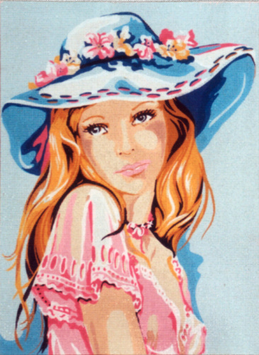 Канва жесткая с рисунком Девушка в голубой шляпке смотреть фото