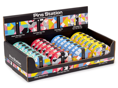 Фото булавки в жестяных коробочках набор 28 шт в картонном цветном дисплее hemline pt.pins28.db на сайте ArtPins.ru