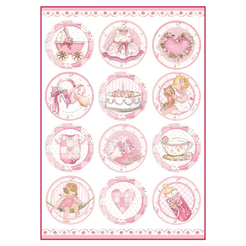 Бумага рисовая мини - формат Малышка  детские сюжеты с розовым в кругах фото